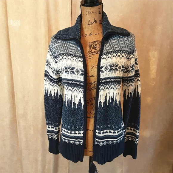 Vintage Blue & White Front Zip Sweater Cardigan Nordic Snowflake Ramie Cotton S - Picture 4 of 12